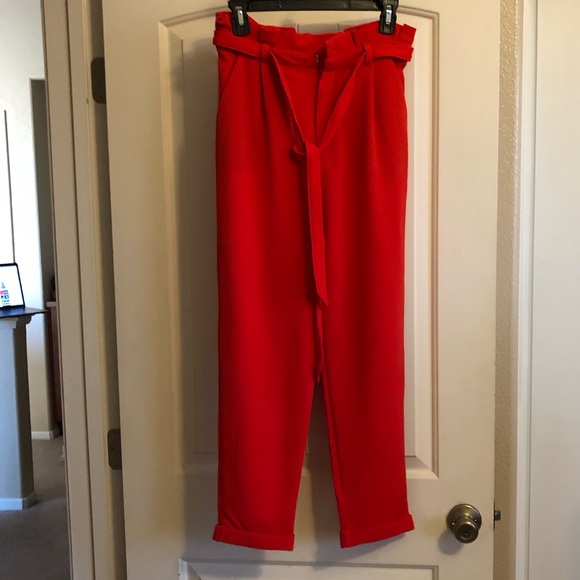 Red High Waist Paperbag Bow Tie Pants - Picture 1 of 10